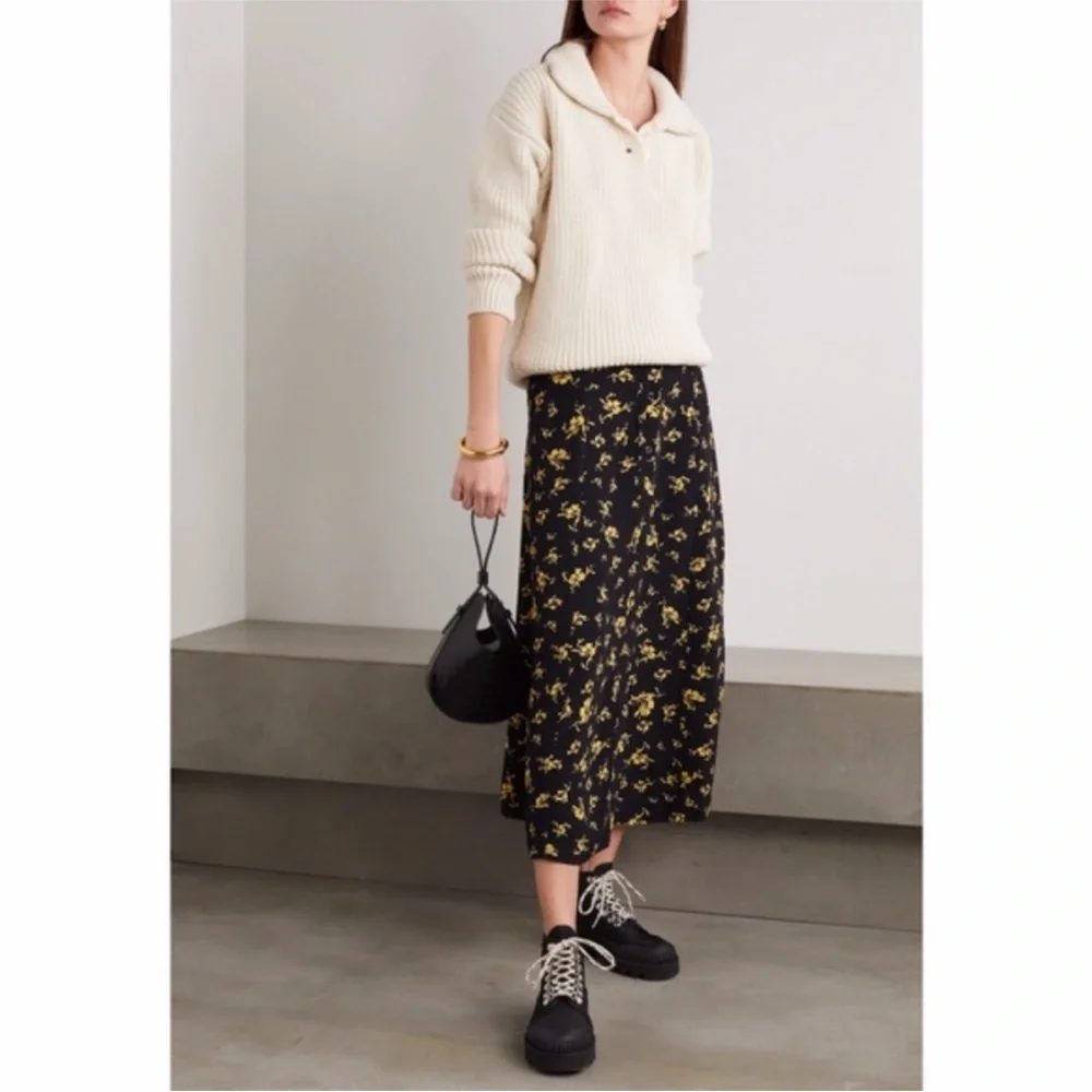 NEW Ganni Printed Crepe Skirt Black 42